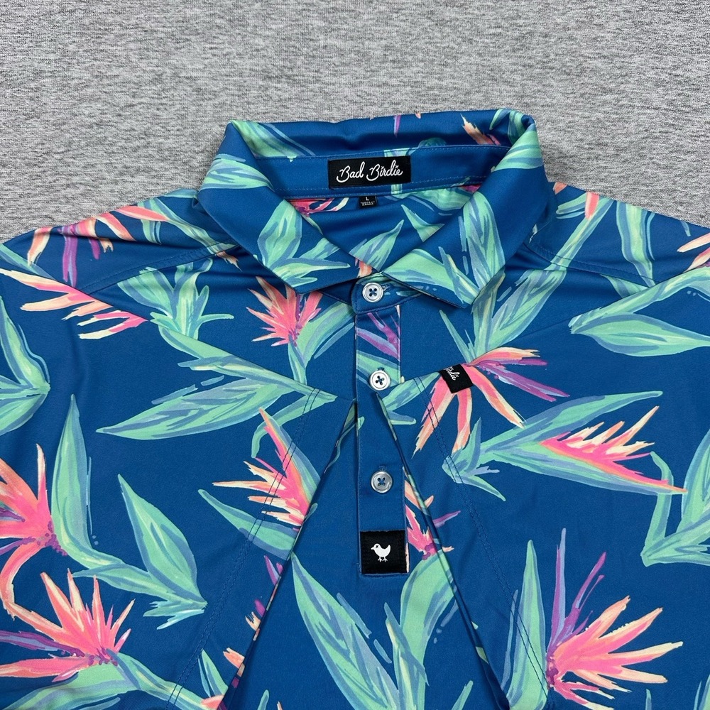 Bad Birdie Polo Shirt Mens Large Blue Floral Performance Stretch Golf Hawaiian